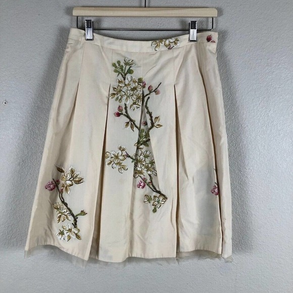 ETCETERA Skirt Cream Floral Embroidered Pleated Knee Length Cottagecore Womens 4 - Picture 1 of 16